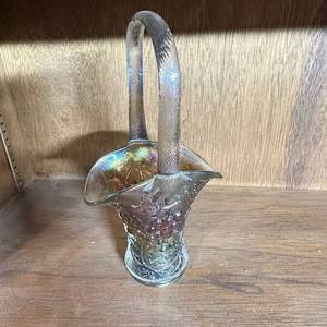 lot 378 image: Glass Basket with Tall Handle, Grape and Leaf Pattern, Iridescent Finish