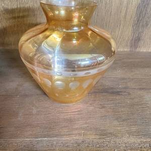 lot 379 image: Amber Iridescent Decorative Vase with Etched Dot and Line Band