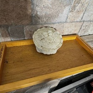 lot 386 image: Lidded Trinket Box with Raised Floral Lid, Mother Label Inside and wooden jewelry tray