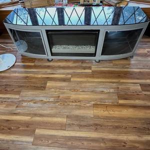 lot 391 image: TV Stand with Fireplace Insert  Tempered Glass Top - 72x21 x 23.5tall