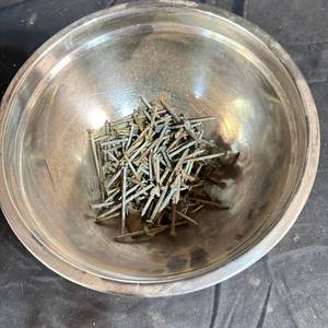 lot 399 image: $1 Start - Assorted Loose Nails and Screws Lot & metal bowl