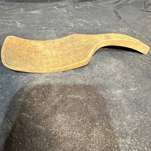 lot 402 image: $1 Start - Wooden Paddle with Curved Handle and Hanging Hole, Scored Face, About 11 Inches