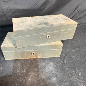 lot 403 image: $1 Start - Lot of 2 Hinged Lid Metal Boxes with Front Lock - no key