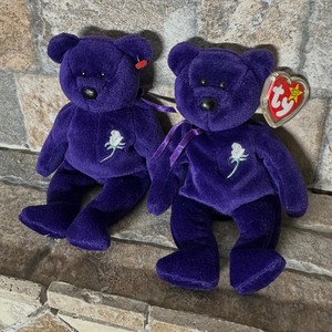 lot 385 image: Ty Beanie Baby Purple Bear Plush with White Rose Lot of 2