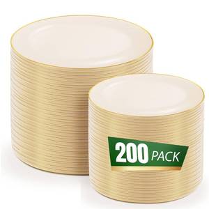 lot 37 image: bUCLA 200PCS Ivory Plastic Plates with Gold Rim - Heavy Duty Cream Disposable Include 100 Dinner 10 inch & 100 Dessert 7 inch Plates, Ideal for Party & Wedding - Retail $64