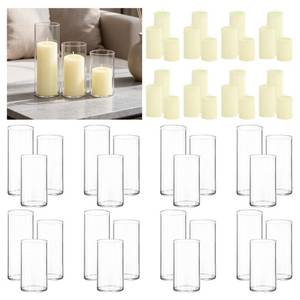lot 41 image: Veiuwa 24-Pack Ivory Pillar Candles (2X3,4,6) & 24-Pack Glass Cylinder Vases(2.6X5,6,8),Hurricane Candles,Wedding Centerpiece Decor Set-Mixed Heights for Table, Proposal, Event. - Retail $117