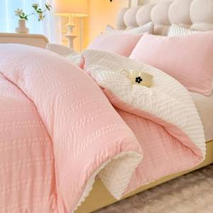lot 42 image: tohrisa Boho Comforter Set Full Size Striped Pleats Bohemian Seersucker Bedding Set All Season Soft Cozy 3 Pieces Quilt with 2 Pillowcases(80X90 Blush Pink) - Retail $20