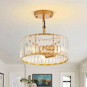 lot 2964 image: gqwemztb Modern Crystal Gold Chandelier for Dining Room,11.7 inch Semi Flush Mount Ceiling Dining Room Light Fixture with E12 Base3,Round Pendant Lighting for Bedroom Hallway Bathroom Foyer Kitchen - Retail $6,152