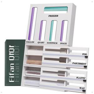 lot 2978 image: FifanQiQi 9 In 1 Storage Bag Organizer And Plastic Wrap Dispenser With Cutter, Bamboo Foil and Plastic Wrap Organizer - Retail $0