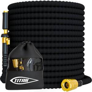 lot 2989 image: TITAN Flexible Garden Hose 100FT �� Ultra Lightweight, Heavy Duty Water Hose with Brass Fittings & Jet Nozzle �� Kink-Free, Non-Expanding, Durable Fabric Hose for Yard, Lawn, Car Wash, Outdoor Use - Retail $105