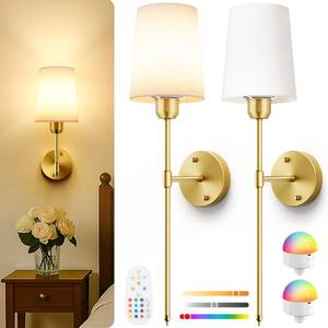 lot 3003 image: SyncGlow Battery Operated Wall Sconces Set of 2, Gold, 15 RGB, 23 Inch - Retail $33