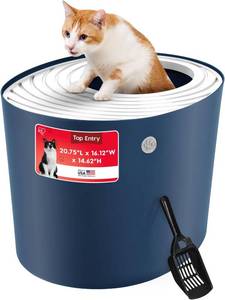lot 2125 image: IRIS USA Top Entry Cat Litter Box, Hooded Privacy, Large, NavyWhite