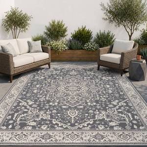 lot 2155 image: AMOAMI-Outdoor Rug-Patio Rug 5x8 ft Quick Dry Flatweave Textured Machine Washable Outdoor Carpet with Rubber Particles Backing Vintage Outdoor Area Rug for Patio Deck Front Porch Balcony Greyish Black
