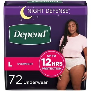 lot 3260 image: Depend Night Defense Incontinence Underwear for Women, Adult Diapers, L, 72 Count