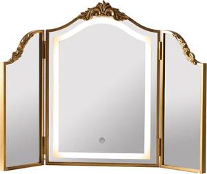 $178 HSDDHOME Antique Gold Triple Fold Makeup Mirror with Tri-Color LED Lighting & Dimming, Baroque Carved Arch Vintage Vanity Mirror, Bohemian Decor for Bedroom/Dressing Room, 31x23 Inch