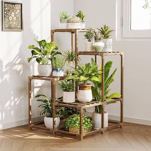 lot 3350 image: Bamworld Corner Plant Stand Indoor Outdoor Plant Shelf Small Plant Table