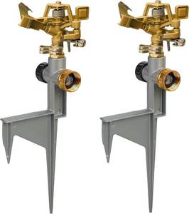 lot 3360 image: LIULO TOOL 2 Pack Zinc Alloy Impact Sprinklers for Yard, Stainless Steel Pulsating Water Sprinkler Head on Spike Base, Adjustable Water Sprinklers for Large Area Patio Lawn Garden Irrigation