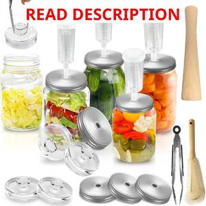 lot 3366 image: Fermentation Kit for Wide Mouth Mason Jars-4 Stainless Steel Fermentation Lids,4 Glass Fermentation Weights,1 Silicone Tong,1 sauerkraut pound, 1Wooden Handle Brush Cleaner. Jars and 6 Silicone Grommets Not Included.