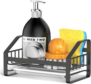 lot 3379 image: BSKSSK Sink Caddy, Sponge Holder for Kitchen Sink, Bathroom Sink Organizer, 304 Stainless Steel Kitchen Countertop Organizer Soap Tray with Removable Drain Tray-Black