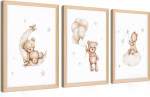 lot 3390 image: Framed Teddy Bear Wall Art Nursery Decor Set of 3, Bear Sleeping on The Moon and Stars Pictures Canvas, Neutral Bears Poster Prints Wall Decor for Kids Baby Room Girls Children Room   16x24 inch