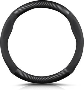lot 3405 image: Ergocar Round Shape Carbon Fiber & Microfiber PU Leather Steering Wheel Cover Anti-Slip Car Steering Wheel Protector Breathable Sweat Absorbent Sport for Diameter 38cm 15 -Black