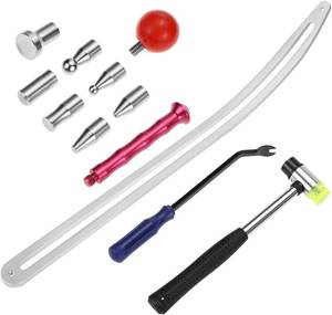 lot 3416 image: QWORK Car Dent Removal Tool Kit, Stainless Steel Auto Fender Repair Puller, Crowbar Tools Hook Rods, Lifter Big Curved Rod, with Curved Rods, Rubber Mallet, and Hooks