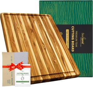 lot 6204 image: BEEFURNI Large Teak Wood Cutting Board with Juice Groove (24x18x1.5, XL)