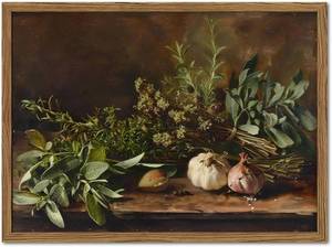 lot 6211 image: Framed Vintage Kitchen Wall Art, Rustic Garlic and Herbs Pictures Wall Decor Paintings, Farmhouse Cottagecore Canvas Prints Artwork for Home Dining Room Living Room 16x24 inch