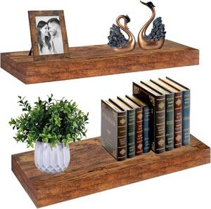 lot 6229 image: Set of 2 Rustic Shelves for Wall - 16 Inch Rustic Wood Floating Shelves with 15 Thicker Steel Brackets  Heavy Duty Farmhouse Wall Shelves  Solid Wood Core Brown Wood Shelves for D cor