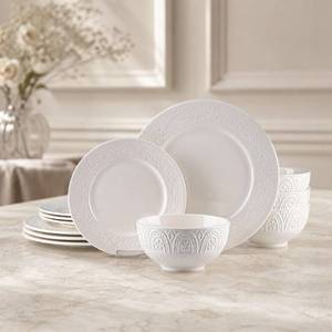 lot 8149 image: 12-Piece Ceramic Dinnerware Set for 4, Athens Palace Relief Dishes and Plates Sets, Includes Plates and Bowls, Elegant High-Temperature Reinforced Porcelain, White