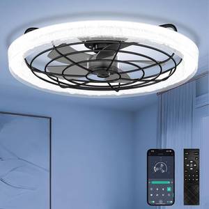 lot 8160 image: $290 24 Black Flush Mount Ceiling Fan with Light, Smart APP & Remote