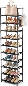 lot 8202 image: LANTEFUL 10 Tiers Tall Shoe Rack 20-25 Pairs Boots Organizer Storage Sturdy Narrow Shoe Shelf for Entryway, Closets with Hooks, Black