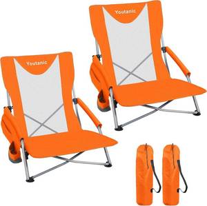 lot 8208 image: Youtanic Beach Chairs 2 Packs, Folding Portable Chair for Adults, Standard Back Extra Wide Seat with Cup Holder & Carry Bag, Lightweight Camp Chair for Outdoor, Beach, Sand, up to 350lbs, Orange