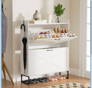 lot 583 image: Shoe Cabinet with 2 Flip Drawers, Freestanding Shoe Organizer with Removable Hooks, Narrow Shoe Rack Cabinet for Entryway, Hallway, Living Room, White - Retail $120