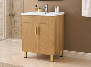 lot 586 image: Bathroom Vanity Cabinet with White Sink Top, Two Doors and Drawer  - Retail $350