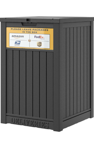 lot 596 image: Package Delivery Box for Outside with Sign, 48 Gallon Storage with Lockable Secure, Large Double Wall Resin Outdoor Package Delivery Waterproof - Retail $65