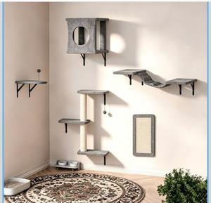 lot 601 image: 5 Pcs Cat Wall Shelves Set, Wall-Mounted Climber with Cat House, Scratching Post, Bridge, Hammock, Space-Saving Play Furniture, Gray - Retail $65