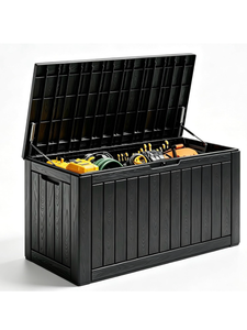 lot 605 image: Outdoor Storage Box, 140 Gallon Deck Box Outdoor WaterproofResin Lockable Patio Storage Box with Hydraulic Rod, Outside Storage Bench for Patio Cushions, Garden Tools, Packages, Black looks like everything in there - Retail $140