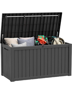 lot 606 image: Outdoor Storage Box, 180 Gallon Deck Box Outdoor Waterproof Resin Lockable Patio Storage Box with Hydraulic Rod & Reinforced Rod, Outside Storage for Patio Cushions, Garden Tools, Black - Retail $199