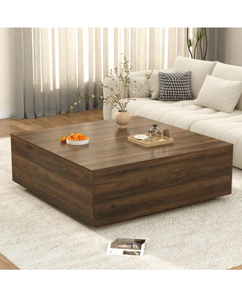 lot 608 image: 47 Inch Large Square Coffee Table with Storage,Wooden Coffee Table((Walnut)2 Large Drawers Storage for Living Room,Modern Mid Century Tea TableAesthetic Coffee Tables Center Table for Home Office - Retail $199