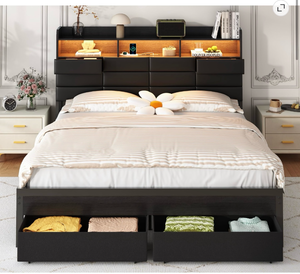 lot 609 image: Queen (U.S. Standard) 4 Drawers Upholstered Storage Bed Frame with LED Lights and Charging Station - Retail $329