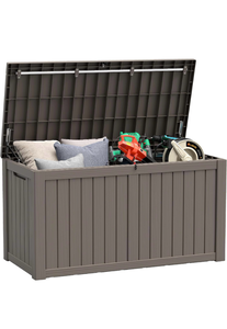 lot 611 image: kamaboko outdoor storage box,180 gallon large outdoor resin deck box, storage waterproof boxes lockable lid for garden tools, pool supplies, patio furniture and cushions, black - Retail $199