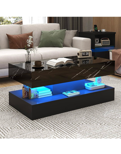 lot 615 image: 39.4 Large High-Glossy LED Coffee Table with 2 Sliding Drawers, Living Room Storage Coffee Tables with Marbling Print, Modern Stylish Double-Layer Center Tables wLED Lights, Black - Retail $130