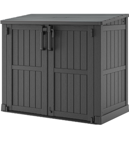 lot 617 image: 36 Cu Ft Resin Outdoor Storage Shed, Weatherproof Horizontal Outdoor Storage Cabinet with Dual Lock Door for Backyard, Patio, Garage, Garden(Black) - Retail $240