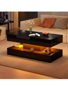 lot 619 image: Uspeedy 39.37in Large High Glossy LED Coffee Table with 2 Storage Drawers,BlackWhite Modern Coffee Tables for Living Room,Living Room Tables,APP LED Lights (Black) - Retail $135