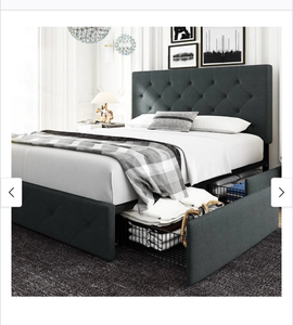 lot 624 image: Queen Platform Bed Frame with 4 Storage Drawers & Adjustable Headboard - Retail $350