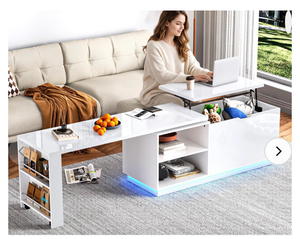 lot 628 image: 90-57 Extendable High Glossy Coffee Table for Living Room, Lift Top Coffee Table with Storage, Extendable 360° Rotation Modern Large Center Tables with RGB LED Lighting for Home Office(White)  - Retail $290