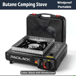 lot 632 image: PACILACK Butane Camping Stove Black with Windscreen - Retail $35