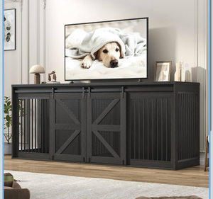 lot 633 image: jiteentarou87In Farmhouse Dog Crate TV Stand, Wooden Dog Kennel Furniture with Sliding Metal Mesh Barn Door, Large Dog Crate Furniture for 2 Dogs, Solid Metal Tube & 2 Lockable Doors, Wood Grain Black - Retail $380