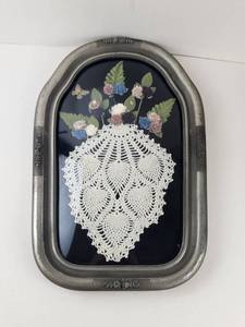 Vintage Framed Crochet Doliy and Florals Under Bubble Glass